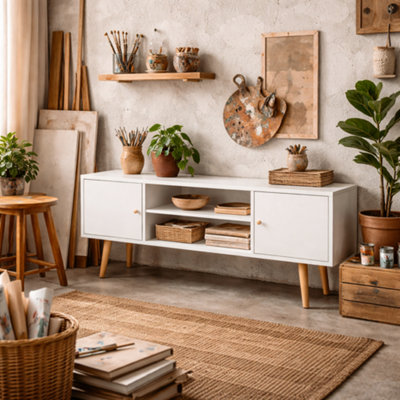 Wyld Haus Vido 120Cm Tozi White Tv Cabinet With Wooden LegsOpen Shelves And CupboardsFits Tvs Up To 55 Inches from B&Q