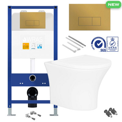 Bubly Bathrooms Rimless Wall Hung Toilet Pan With Concealed Cistern FameBrushed Brass Gold Flush Plate from B&Q
