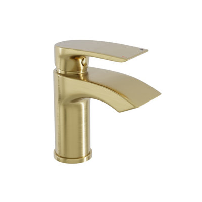 Bubly Bathrooms Modern Brushed Brass Sleek Waterfall Basin Sink Mixer TapSolid Brass Deck Mounted from B&Q