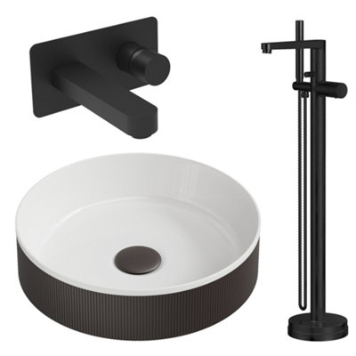 Bubly Bathrooms Luxury Matte Black Basin Wall-Mounted Mixer Tap Freestanding Bath Filler Waste Fluted Countertop from B&Q