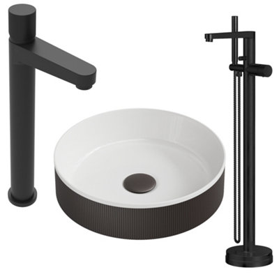 Bubly Bathrooms Matte Black Fluted Countertop Basin Bathroom Set With Tall Mixer Tap & Freestanding Bath Shower Mixer from B&Q