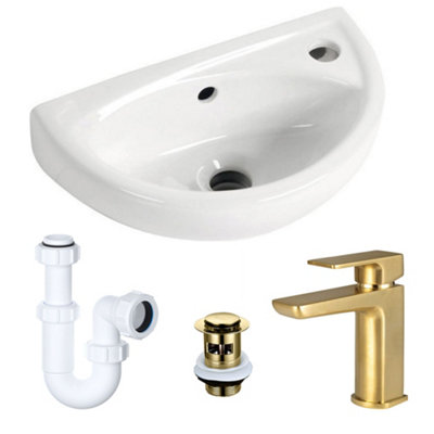Bubly Bathrooms Compact Wall Hung Ceramic Basin & Brushed Brass Tap Set With Waste & P-TrapIdeal For Cloakrooms from B&Q