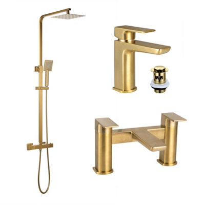 Bubly Bathrooms Brushed Brass 4-Piece Shower Kit & Bathroom Mixer Pack With Rigid Riser & Rainfall Head from B&Q