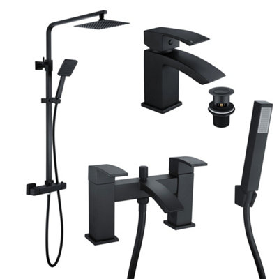 Bubly Bathrooms Square Black Thermostatic Overhead Shower Kit With Handheld & Lucia Basin & Bath Shower Mixer Taps Pack from B&Q