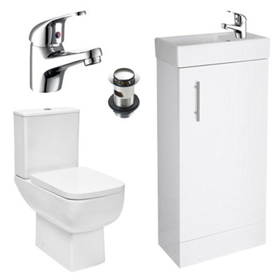 Bubly Bathrooms 400mm Gloss White Freestanding Vanity UnitBasinClose Coupled Dual Flush Toilet & Chrome Tap Set from B&Q