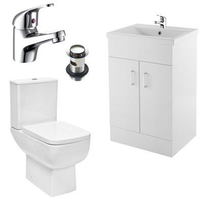 Bubly Bathrooms 600mm Gloss White Bathroom Vanity Unit & Basin With Close Coupled Dual Flush Toilet & Chrome Tap Set from B&Q