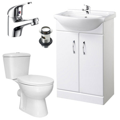 Bubly Bathrooms Modern 550mm White Gloss Vanity UnitCeramic Basin & Close Coupled Wc Toilet With Chrome Tap & Waste Set from B&Q