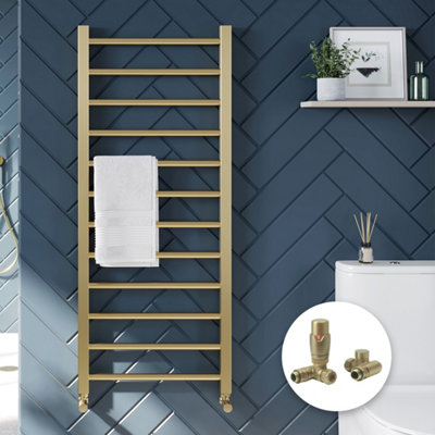 Bubly Bathrooms Brushed Brass Heated Towel Rail 800X500mm Dual Fuel Thermostatic Valves Modern Towel Warmer from B&Q
