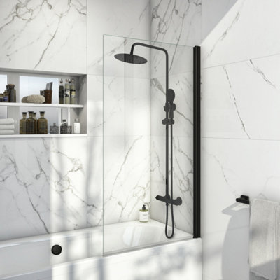 Bubly Bathrooms Modern Straight Bath Screen 1400X800mmBlack Aluminium Frame & 6mm Toughened Easy-Clean Glass from B&Q