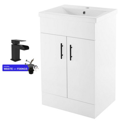 Bubly Bathrooms 500mm Freestanding Vanity Unit Gloss White Soft-Close Doors Black Handles Matt Black Tap from B&Q