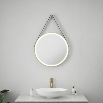 Bubly Bathrooms 600mm Round Led Mirror Tunable White Dimmable Light Demister Leather Strap Brushed Gold Trim from B&Q