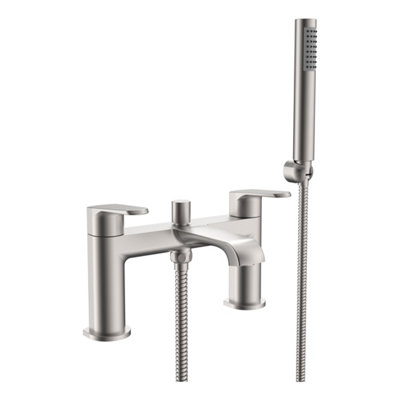 Bubly Bathrooms Lunaris Brushed Nickel Deck Mounted Bath Shower Mixer Tap With Handset KitModern Design from B&Q