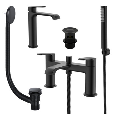 Bubly Bathrooms Lunaris Matt Black Complete Bathroom Tap Pack: Bath & Tall Basin Mixers With Wastes from B&Q
