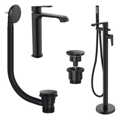 Bubly Bathrooms Lunaris Matt Black Freestanding Bath Shower Mixer & Tall Basin Tap Set With Wastes from B&Q
