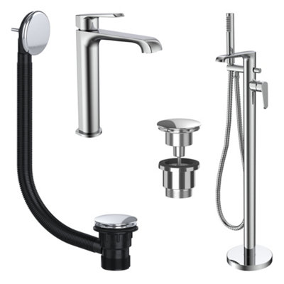 Bubly Bathrooms Lunaris Chrome Freestanding Bath Shower Mixer & Tall Mono Basin Tap Set With Wastes from B&Q