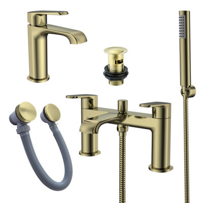 Bubly Bathrooms Lunaris Brushed Brass Bath & Basin Tap Set With Shower Mixer & Matching Wastes from B&Q
