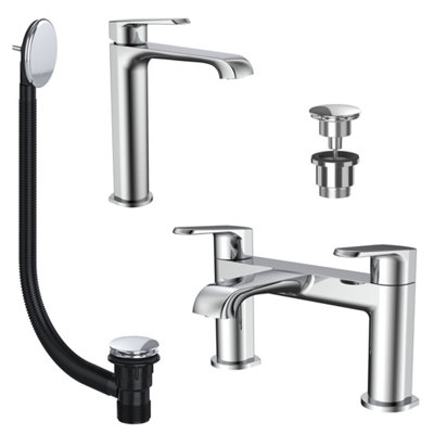 Bubly Bathrooms Lunaris Chrome Bath Filler & Tall Basin Mixer Tap Set With Matching Wastes from B&Q