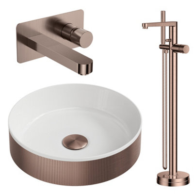 Bubly Bathrooms Koko Brushed Bronze Fluted Countertop Basin With Wall-Mounted Tap & Floorstanding Bath Shower Mixer Set from B&Q