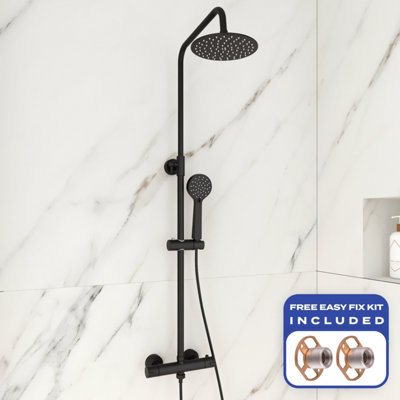 Bubly Bathrooms Matt Black Exposed Thermostatic Mixer ShowerRound Rain Head & Handset With Anti-Scald from B&Q