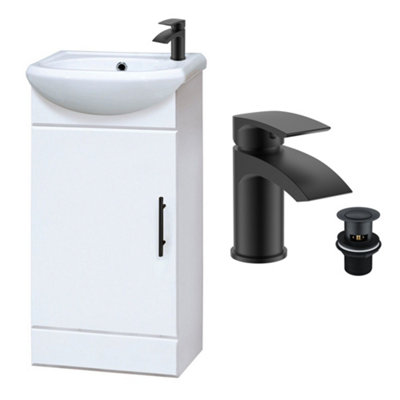 Bubly Bathrooms Gloss White 420mm Compact Freestanding Vanity Unit With Basin & Matt Black Waterfall Tap & Waste from B&Q
