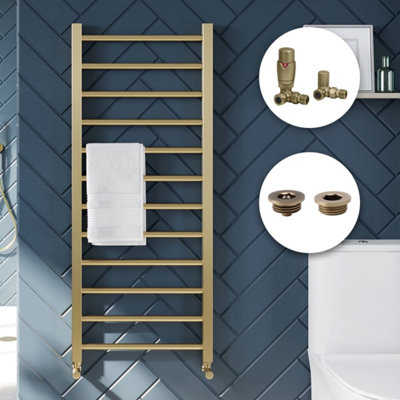 Bubly Bathrooms Brushed Brass Straight Heated Towel Rail Radiator 500X1200mm With Corner Thermostatic Valves from B&Q