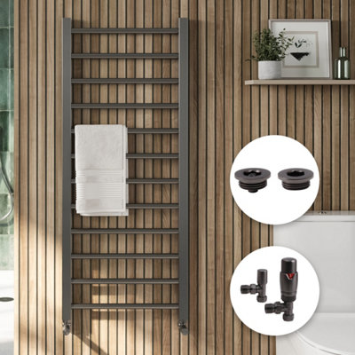 Bubly Bathrooms Gunmetal Straight Heated Towel Rail 1200X500mm With Angled Trv Valves For Bathrooms from B&Q