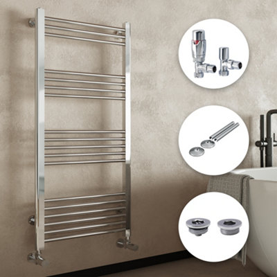 Bubly Bathrooms Chrome Straight Heated Towel Rail Radiator (500X1000mm) With Angled Trvs & Pipe Covers For Bathrooms from B&Q