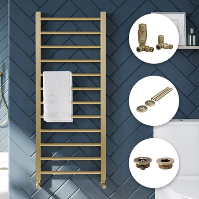 Bubly Bathrooms Brushed Brass 500X1600 Straight Heated Towel Rail Radiator With Corner Trv Valves & Full Kit from B&Q