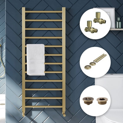 Bubly Bathrooms Brushed Brass Heated Towel Rail 500X1200mm With Valves & Covers from B&Q