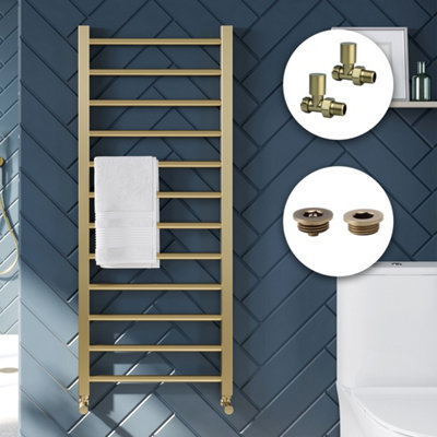 Bubly Bathrooms Luxury Brushed Brass 1600X500mm Ladder Heated Towel Rail Radiator With Manual Valves & Accessories from B&Q