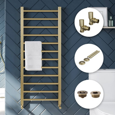 Bubly Bathrooms Brushed Brass Straight Heated Towel Rail Radiator 1200X500mm With Manual Angled ValvesPipe Covers & Bleed Valve from B&Q