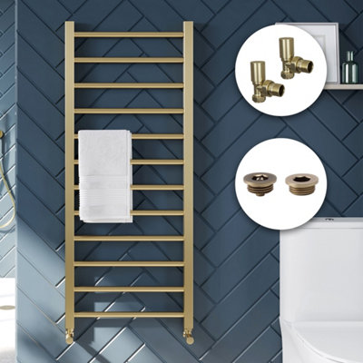 Bubly Bathrooms Brushed Brass 500X1200mm Straight Heated Towel Rail Radiator With Manual Angled Valves & Complete Installation Kit from B&Q