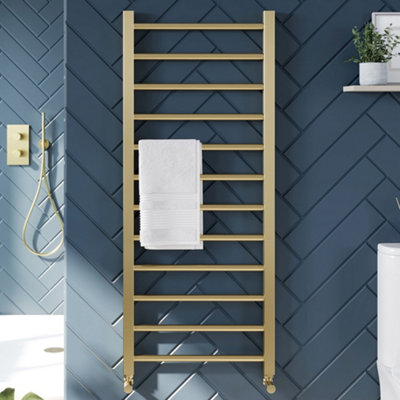 Bubly Bathrooms Brushed Brass 1200 X 500 Heated Towel Warmer Rail Radiator from B&Q