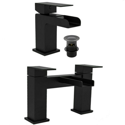 Bubly Bathrooms Matt Black Waterfall Bath Filler Tap & Basin Mixer Tap Square from B&Q