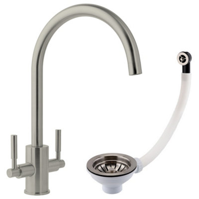 Bubly Bathrooms Newbury Stainless Steel Dual Lever Kitchen Sink Mixer & Basket Strainer (Round Overflow) from B&Q