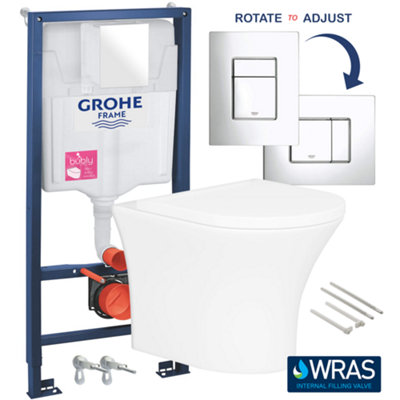 Bubly Bathrooms Rimless Wall Hung Toilet & Soft Close Seat With Grohe 1.13M Concealed Wc Cistern Frame & Reversible Plate from B&Q