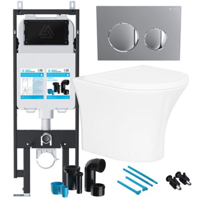 Bubly Bathrooms Rimless Wall Hung Toilet Soft Close Seat Viva Cistern Frame Set Chrome Flush Plate from B&Q