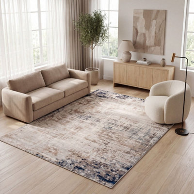 B&Q -  Montana Brown Navy Abstract Area Rug And Runner Soft Durable Pet Friendly Easy To Clean Living Room Bedroom 3718B