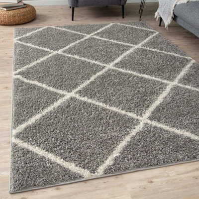 B&Q -  Moroccan Shaggy Rugs And Runners Soft Fluffy Diamond Design High Pile Grey And Ivory Living Room Kitchen Hallway 510