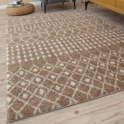 B&Q -  Soft Moroccan Diamond Shaggy Rugs And Runners High Pile Beige And Ivory Living Room Kitchen Hallway 1020
