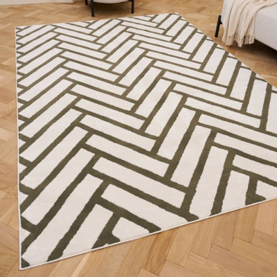B&Q -  Loft Olive And Ivory Herringbone Living Room Area Rug And Runners Soft Pile