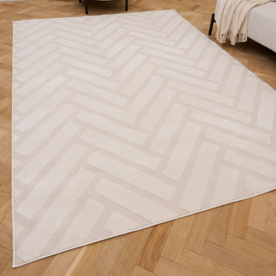 The Rugs Loft Ivory Herringbone Living Room Area Rug And Runners Soft Pile from B&Q