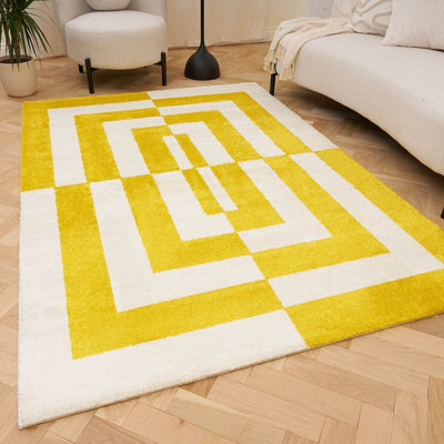 B&Q -  Joli Yellow And White Geometric Rug Soft Dense Pile Easy To Clean And Pet Friendly For Living Rooms And Bedrooms
