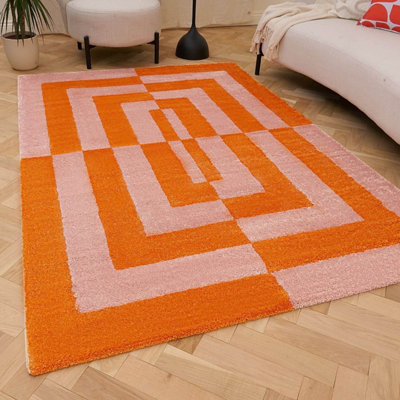 B&Q -  Joli Orange And Pink Geometric Rug Soft Dense Pile Easy To Clean And Pet Friendly For Living Rooms And Bedrooms