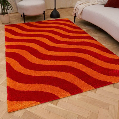 B&Q -  Joli Red And Orange Wavy Rug Soft Dense Pile Easy To Clean And Pet Friendly For Living Rooms And Bedrooms