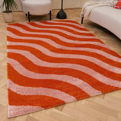 B&Q -  Joli Orange And Pink Wavy Rug Soft Dense Pile Easy To Clean And Pet Friendly For Living Rooms And Bedrooms
