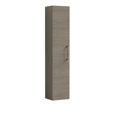 B&Q -  Level Modern Bathroom 1 Soft Close Door Wall Hung Tall Storage UnitWoodgrain Mid Oak With Brushed Brass Handle300 mm