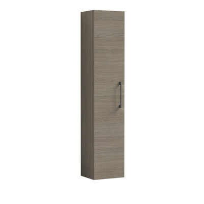 B&Q -  Level Modern Bathroom 1 Soft Close Door Wall Hung Tall Storage UnitWoodgrain Mid Oak With Brushed Pewter Handle300mm