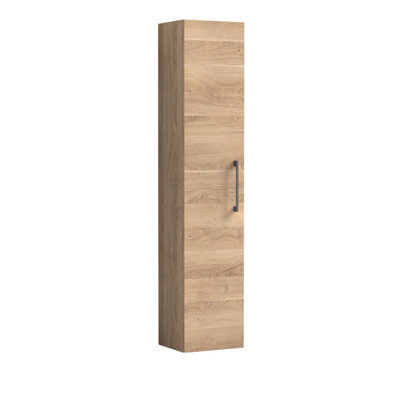 B&Q -  Level Modern Bathroom 1 Soft Close Door Wall Hung Tall StorageWoodgrain Light Oak With Brushed Pewter Handle300 mm