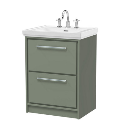 Balterley Longnor Modern Bathroom Floor Standing 2-Drawer Vanity Unit With Fireclay BasinFern Green600mm from B&Q